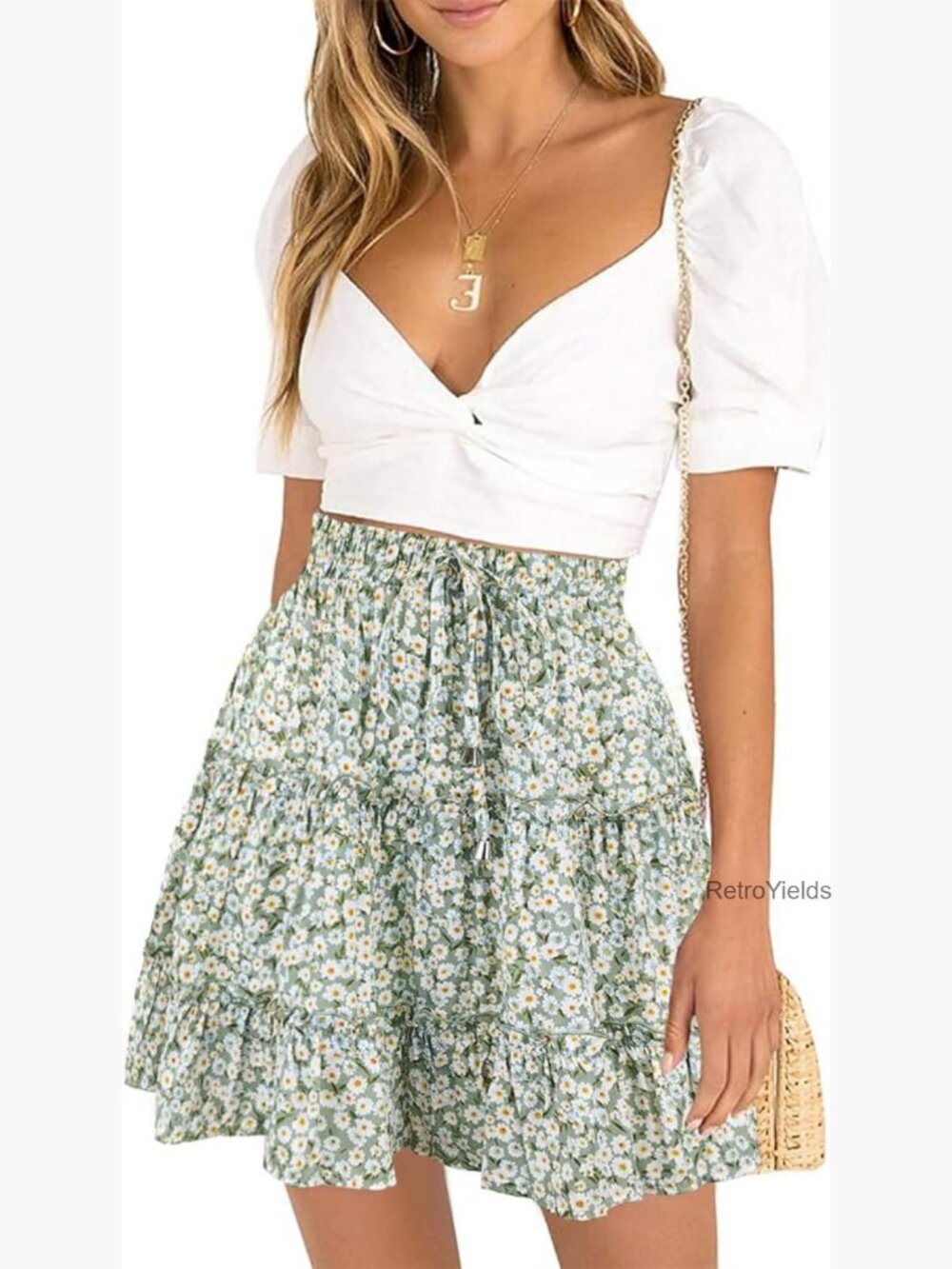 High Waisted Floral Mini Skirt Drawstring Boho Ruffle Summer